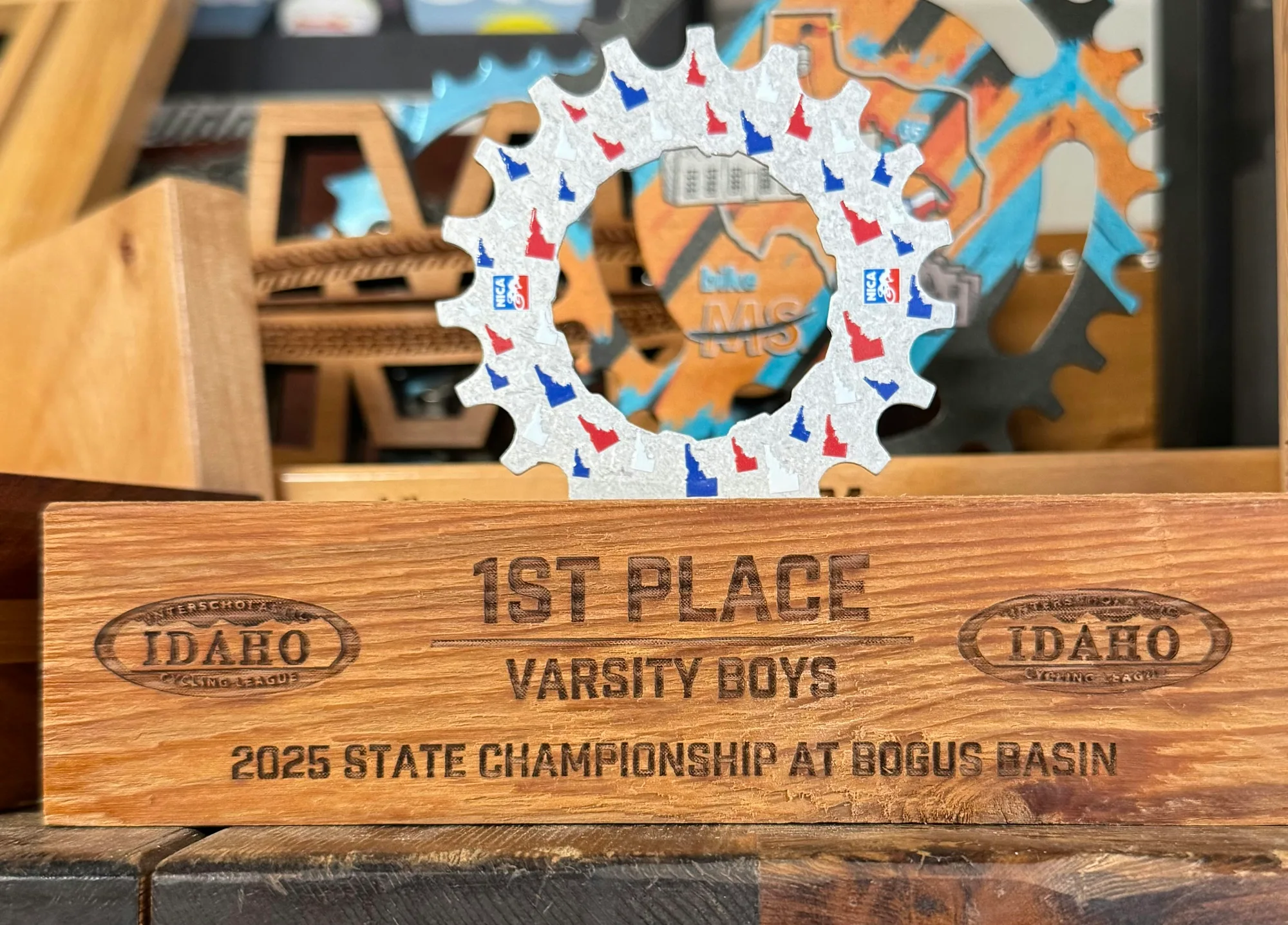 First-place NICA Idaho Cycling League state championship trophy built from a reclaimed cog
